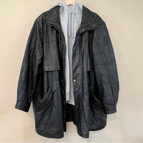 Vintage Other - VTG Leather Coat Long Slouchy Baggy Black Mens 2XL Quilted Lining Full zip up